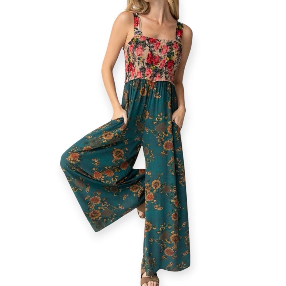 NWOT Natural Life Sedona Wide Leg Smocked Jumpsuit Teal Mixed Floral Size XS